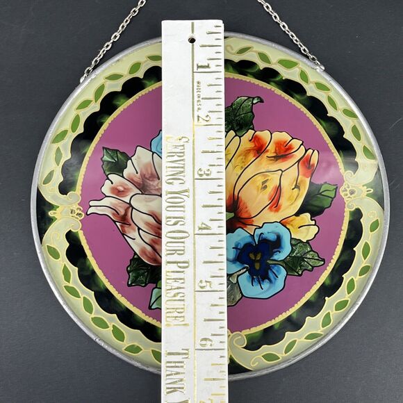 Joan Baker Designs Art Glass Suncatcher Bright Flowers Hand Painted Bird Garden - Picture 6 of 11